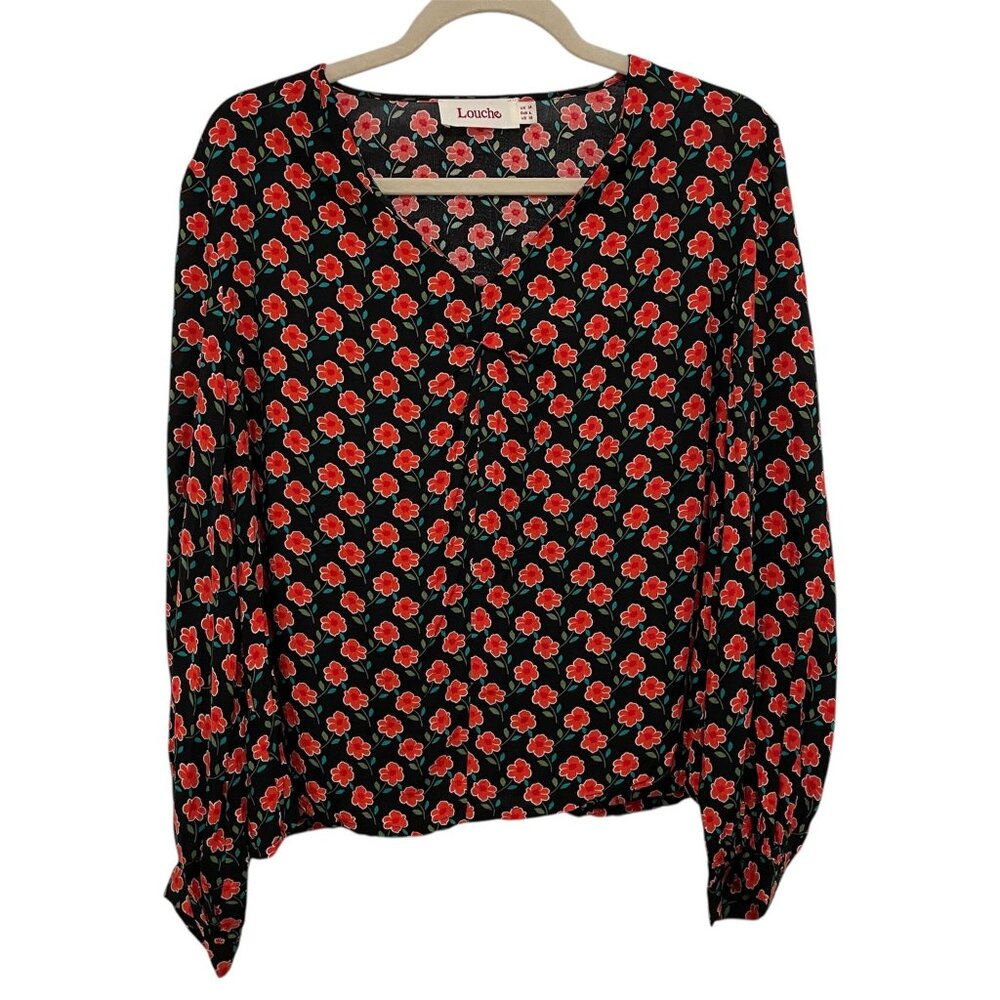 Louche Irena Peach Pansy Blouse Women Size 10 Black Red Floral‎ V-Neck Office
